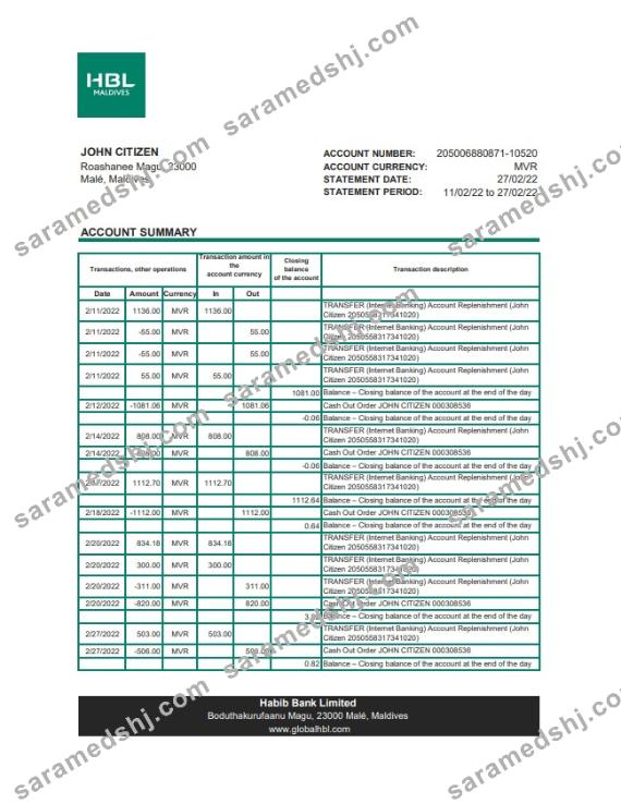 Maldives HBL bank statement